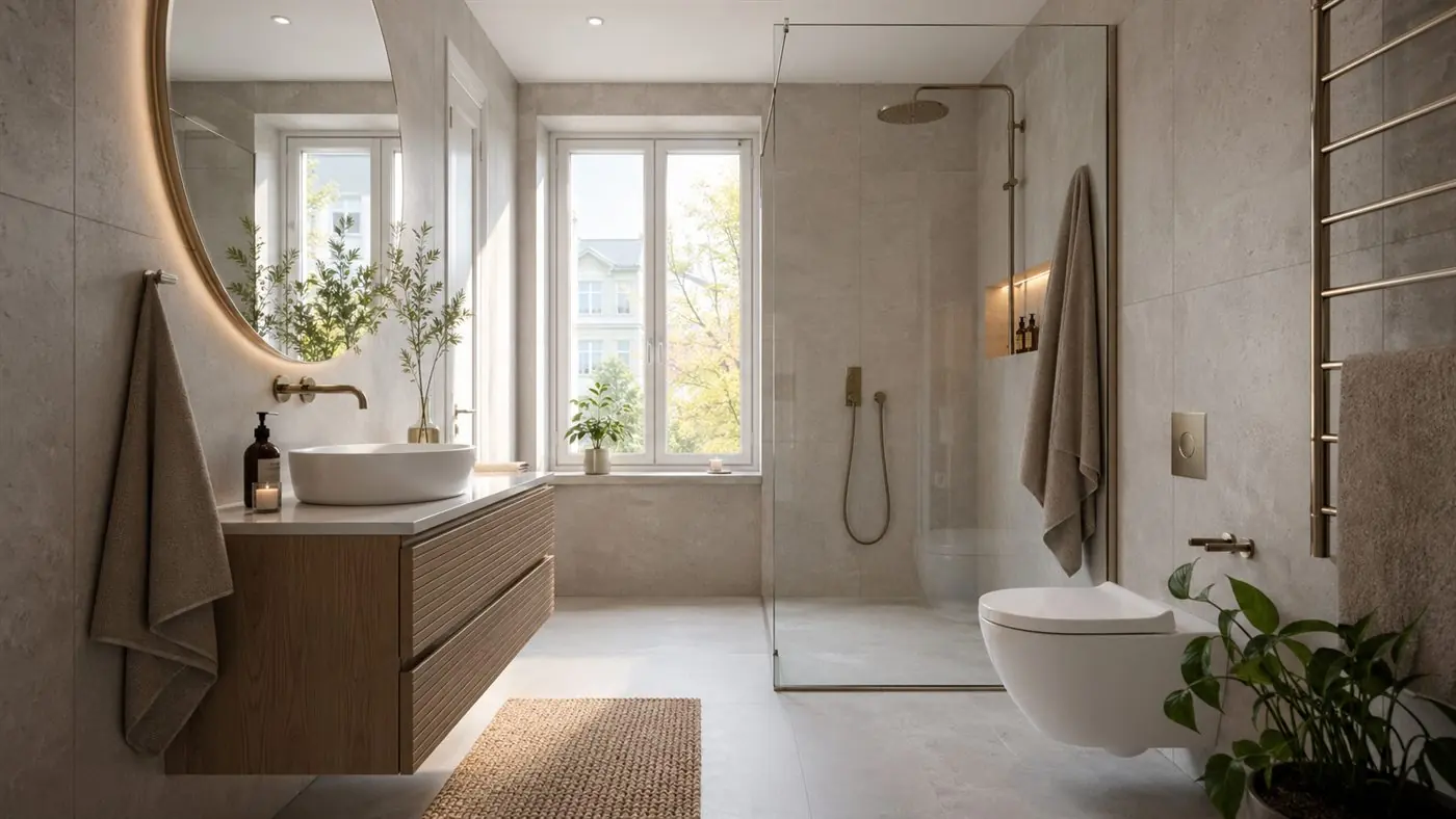 Badrumsrenovering pris exempel Sverige med modernt kaklat badrum och glasdusch