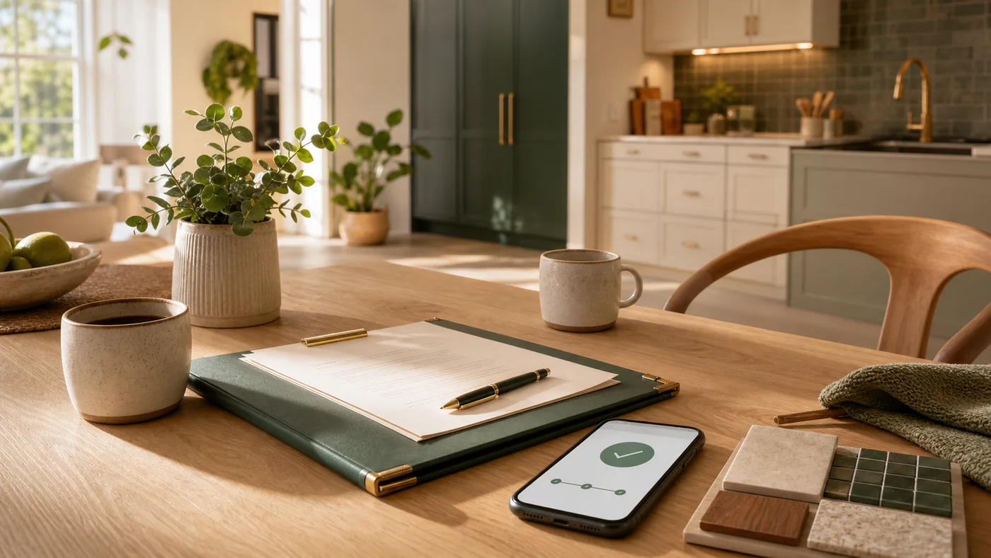 Trygg betalning vid renovering med avtal, materialprover och säkert godkännande på telefon i ett svenskt hem