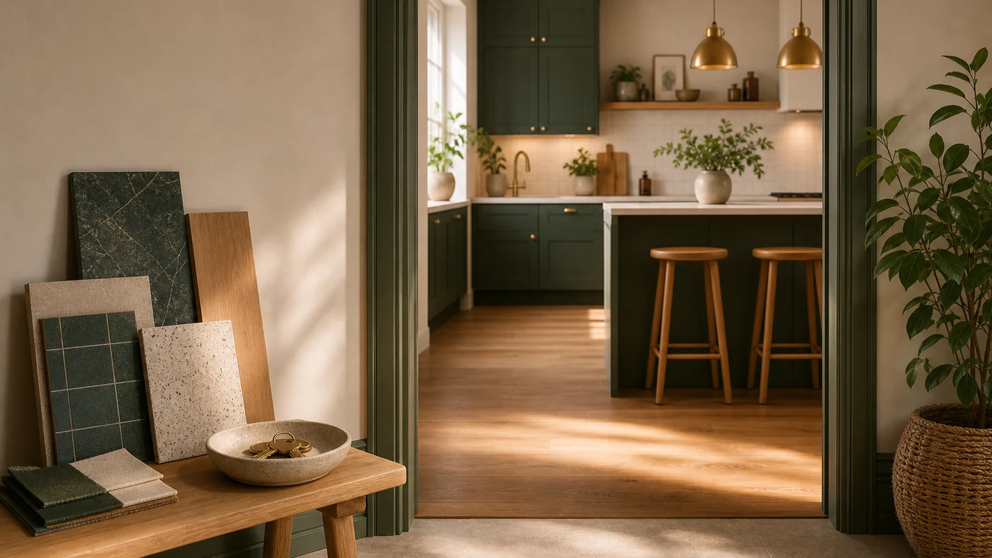Materialprover, nycklar och ett färdigt skandinaviskt kök som symboliserar att välja rätt hantverkare