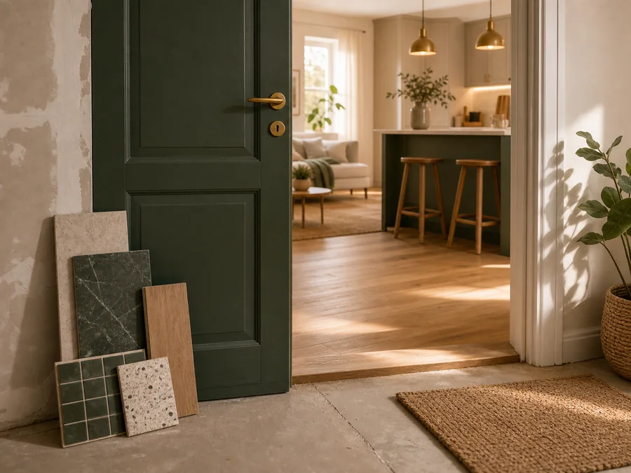Trygg förskottsbetalning vid renovering med tröskel, dörr och materialprover
