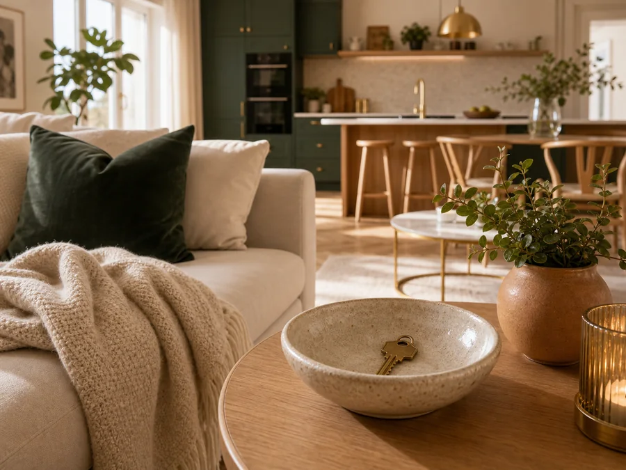 Värdehöjande renovering med färdigt skandinaviskt vardagsrum, kök och nyckel