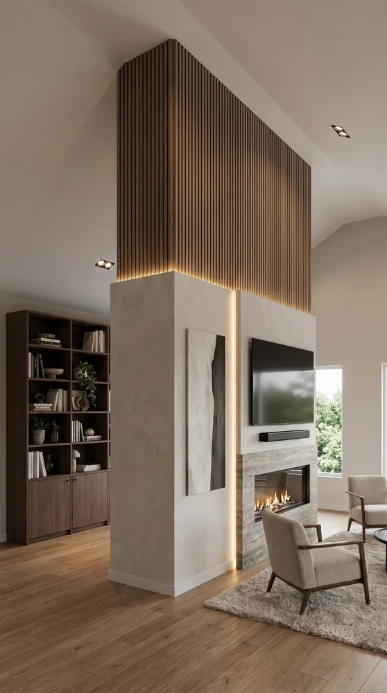 Inspirationsbild: ljus träklädd pelare med integrerad TV